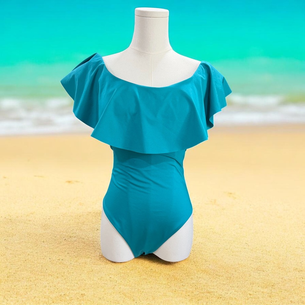 Trina Turk Teal Blue Off The Shoulder Ruffle One Piece Resort Vacation Cruise 10